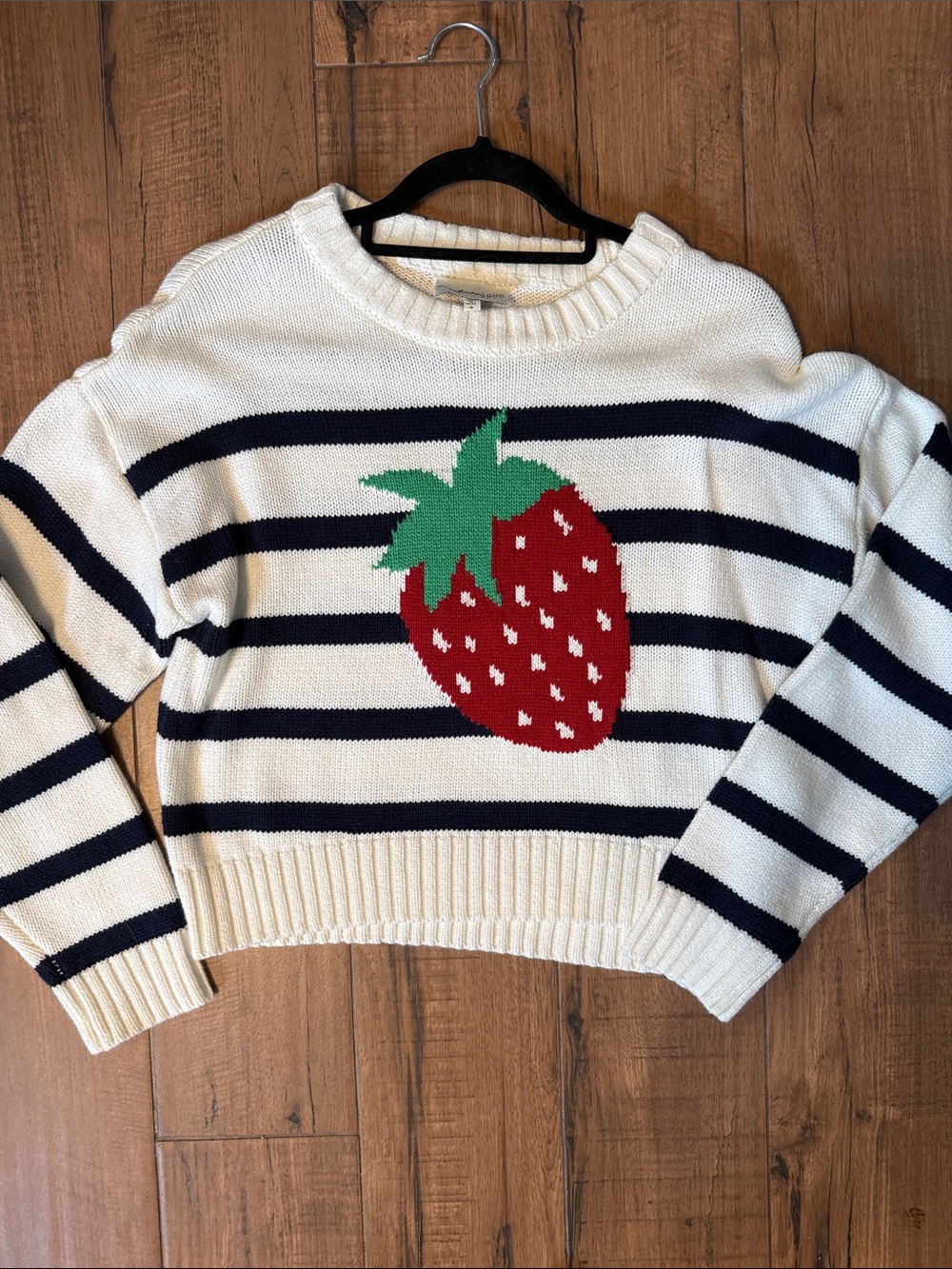 Striped Cream & Navy Sweater with Strawberry Graphic Medium